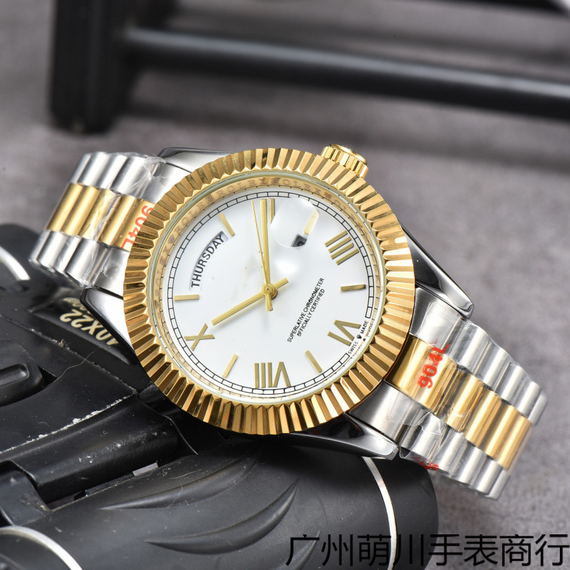 Aliexpress Foreign Trade Watch Roman Numeral Steel Band Dual Calendar Imitation Casual Business Quartz Labor Supply Wholesale Manufacturer