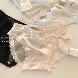 缎面纯欲性感内裤女桑蚕丝底裆高颜值女士内裤蝴蝶结法式蕾丝内裤