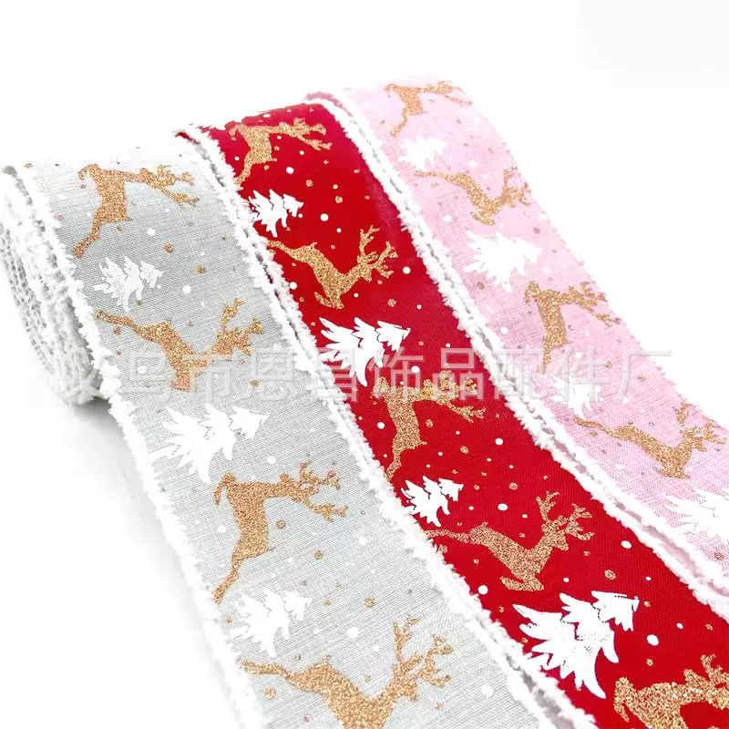 圣诞雪绒拷边丝带 圣诞树装饰织带DIY仿麻织带 铁丝印花麻布卷