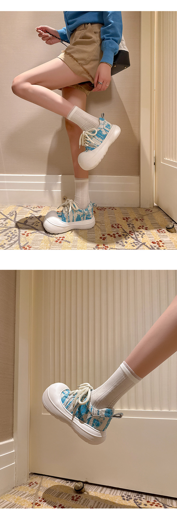 Giày loafer nữ đế xuồng platform 5cm, mũi tròn buộc dây, da thật — xanh lam, màu vàng chi tiết 16