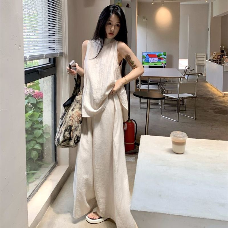 棉麻老钱风运动套装女夏季慵懒风宽松无袖上衣时尚阔腿长裤两件套