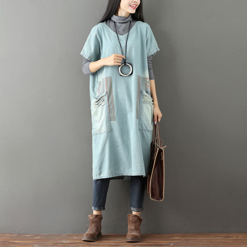 Vintage Robe Printed Distressed Worn Large Pocket Short Sleeve Dress