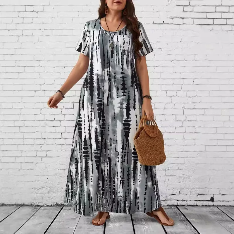 Летнее платье макси, европейский стиль, круглый вырез, plus‑size 1XL–5XL