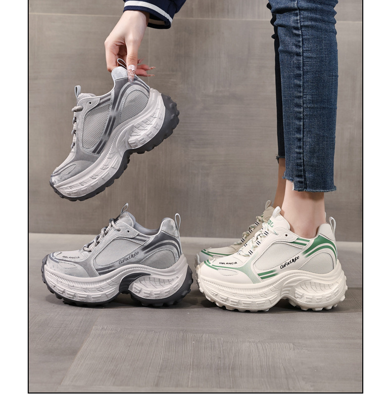 Giày sneaker nữ chunky đế dày lưới thoáng khí, tăng chiều cao bên trong — Xanh lá cây nhạtcolor chi tiết 17