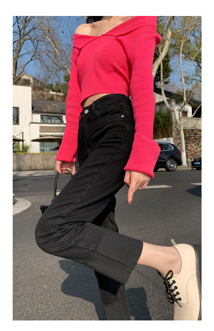 【中国直邮】HEY+JEANS 春季韩系翻边高腰显瘦九分裤 黑色 M