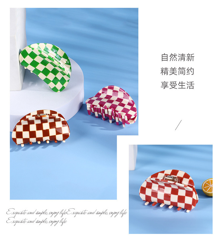 Wholesale Acetic Acid Semicircle Catch Clip Color Checkerboard Girl Hair Catch Shark Clip display picture 10
