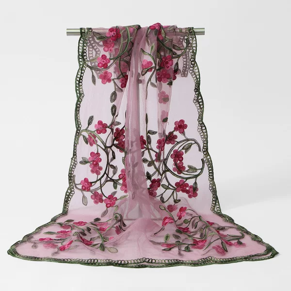 Spring and Summer New Embroidered Scarf, Nylon Embroidered Silk Scarf, Ethnic Style Travel Shawl, Long Versatile Gauze Scarf for Women