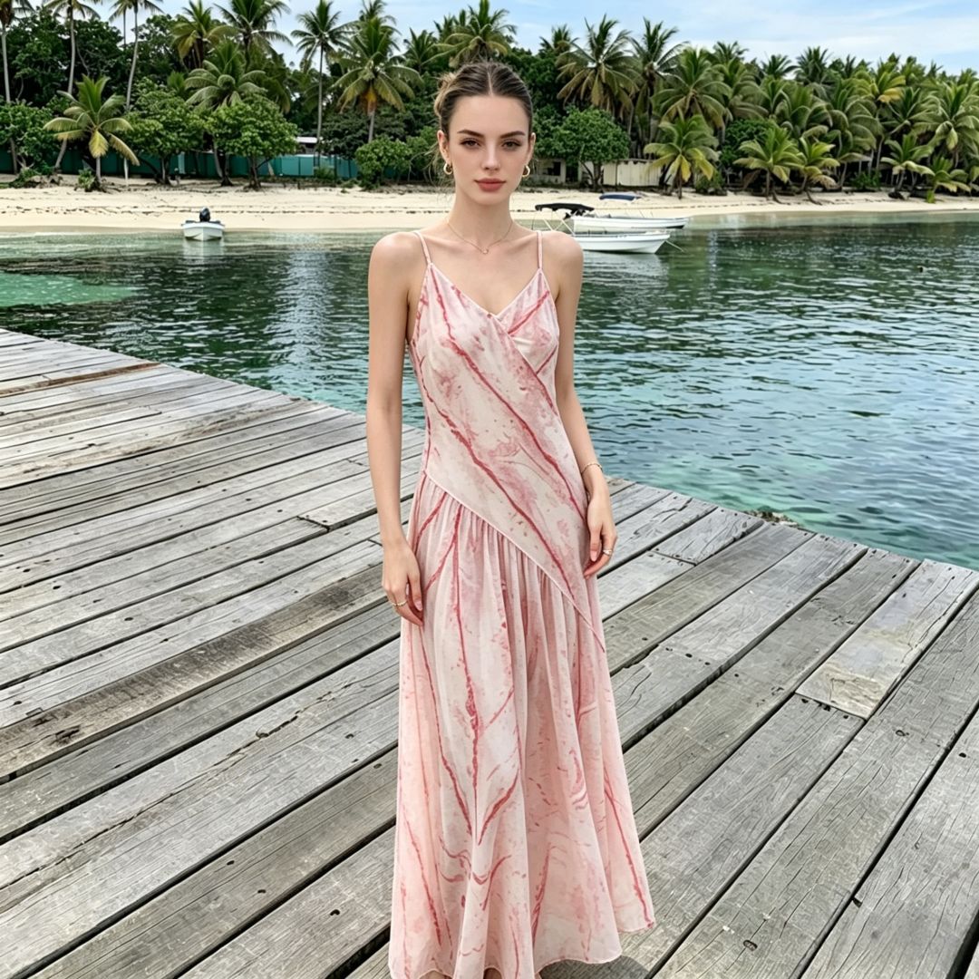 Women's Pink Ombre Stripe Print Halter Maxi Dress – French Resort Elegant Summer Gown_ecoleips.com