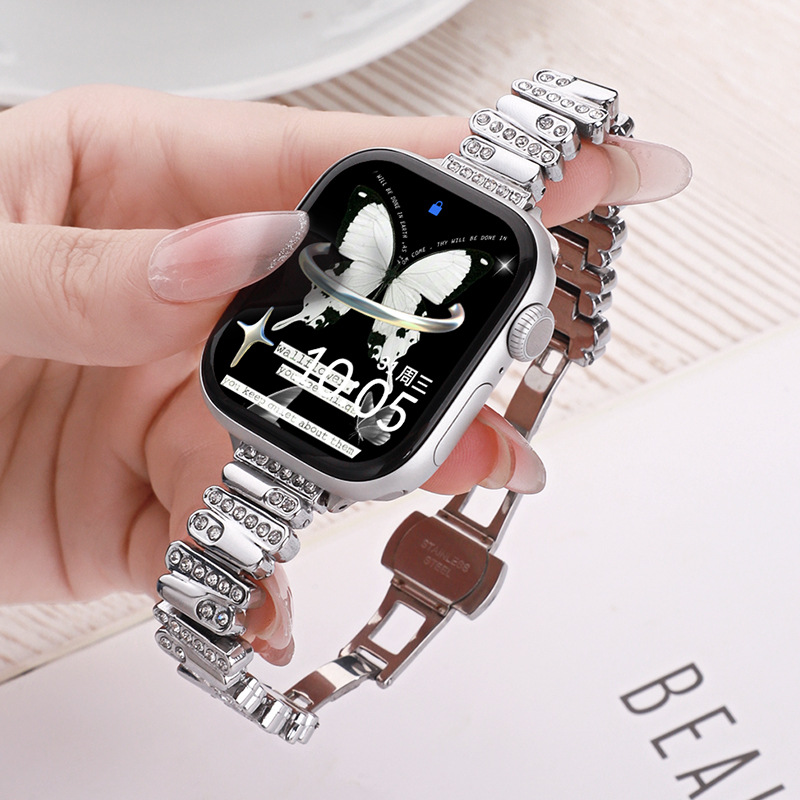 Suitable for Apple Iwatch8/9/10 Watch with Metal Asymmetrical Diamond Applewatch Women's Watch Strap