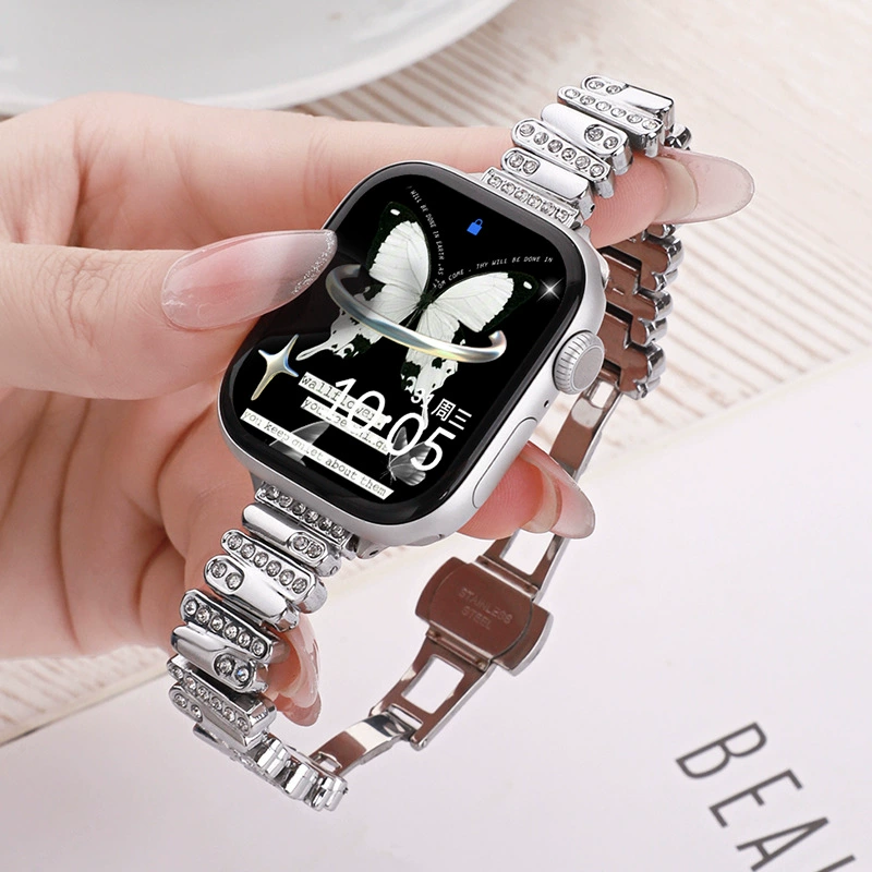 Подходящие для Apple iwatch8/9/10 ремешок металл некруглый бриллиантовый ремешок Applewatch женские часы