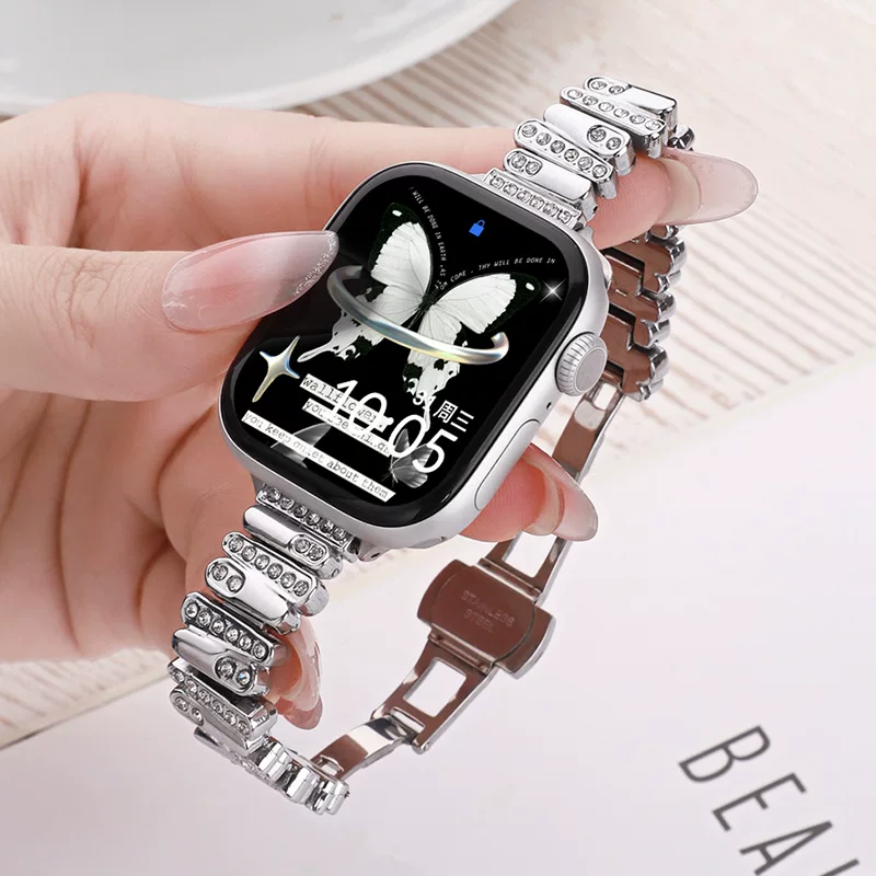 Подходящие для Apple iwatch8/9/10 ремешок металл некруглый бриллиантовый ремешок Applewatch женские часы