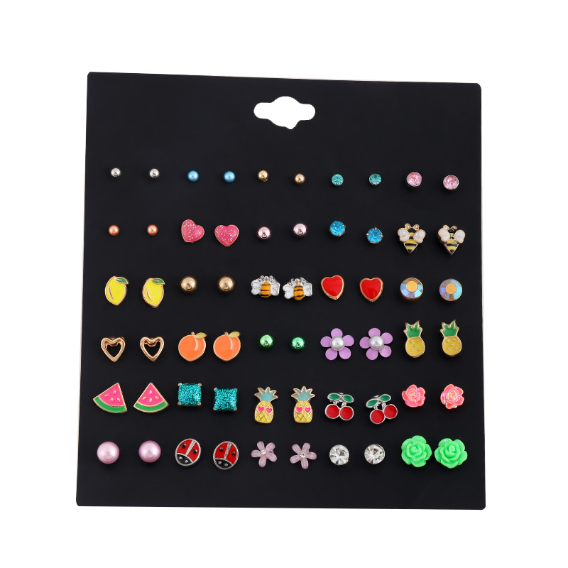 Cute Fruit Flower Bee Alloy Enamel Inlay Rhinestones Pearl Ear Studs 1 Set