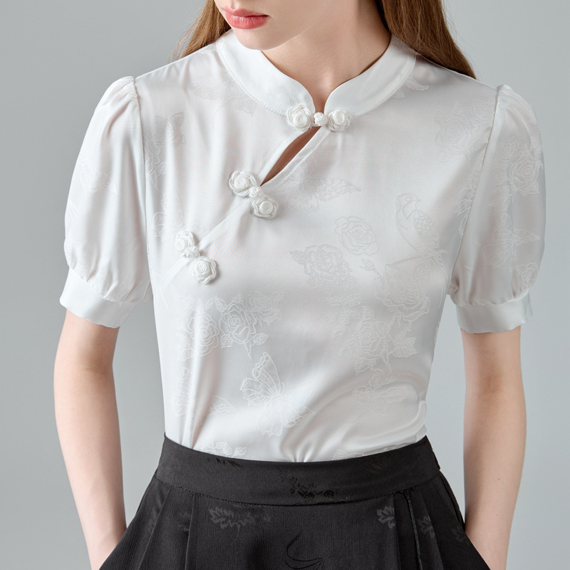 Nueva camisa de satén de ácido acético chino para mujer 2025 verano nuevo estilo nacional de manga corta estilo occidental de gama alta chic hermosa camisa pequeña