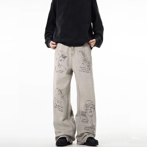 Hollywood-style unisex summer 2024 new personalized letter denim jeans hip-hop INS trendy high street fashion cool long pants