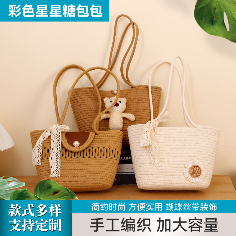 Tote Bag, Silk Scarf, Straw Woven Bag, Handbag, Shoulder Bag, Portable Bag, Fresh and Sweet Style, Beach Vacation, Niche, Large Capacity