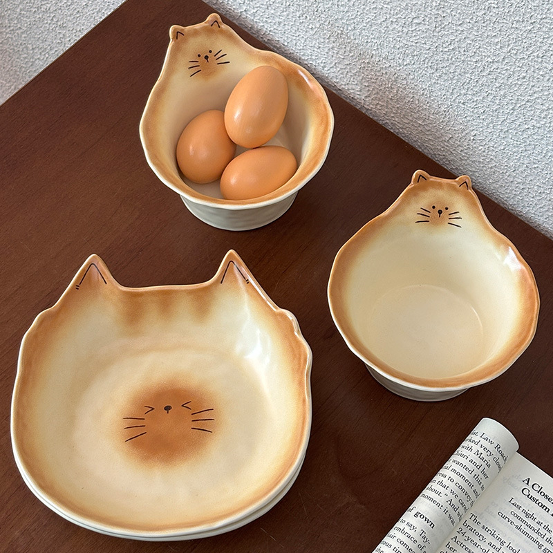 Japanese-Style Ins Creative Bread Cat-Shaped Cute Small Dish Soy Sauce Dish Vinegar Dish Ceramic Cartoon Ceramic Plate Tableware