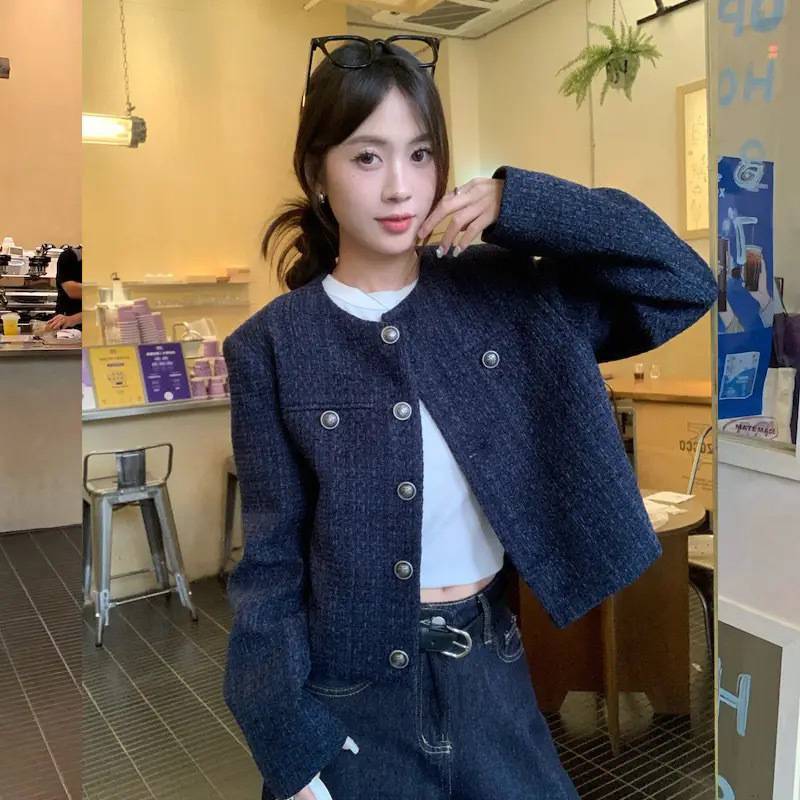 藏蓝色短款小香风外套女2025秋冬季单排复古新款高级宽松长袖上衣|undefined