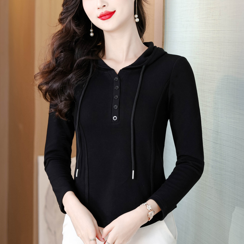 秋黑色连帽正肩长袖T恤女修身显瘦遮肉弹力百搭上衣打底衫设计感|undefined