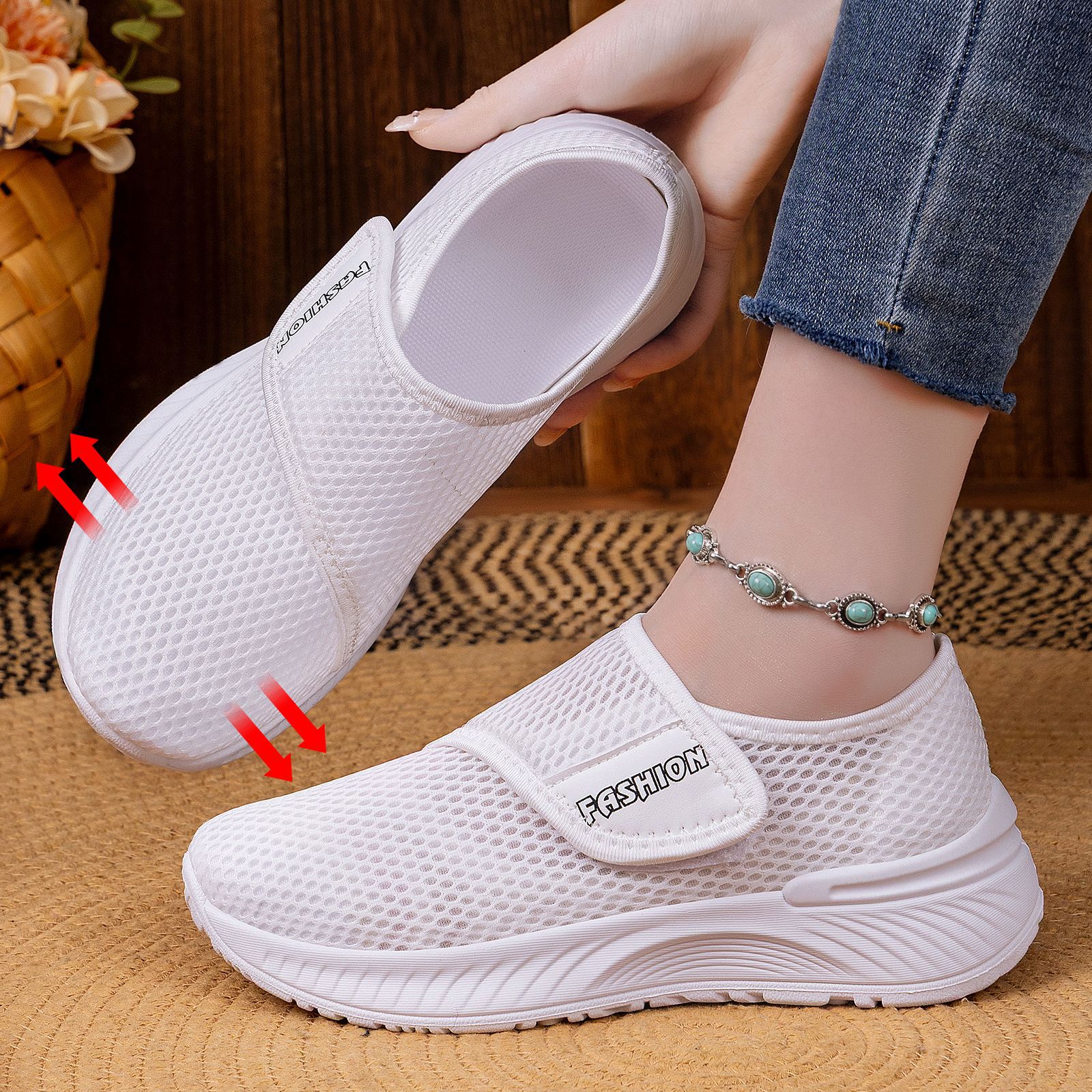 Zapatos de red transfronterizos zapatos casuales de mujer primavera nuevos zapatos de mujer velcro zapatos transpirables zapatos de madre ligeros