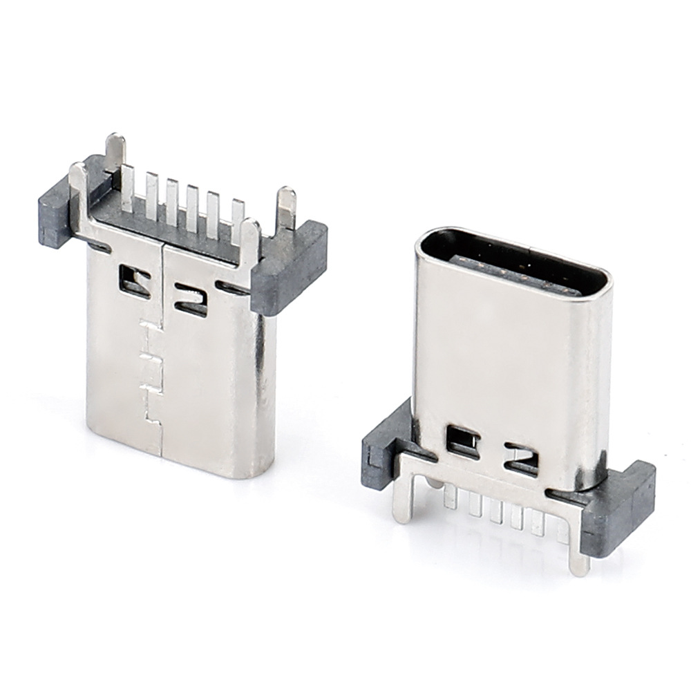 Type C直插6P母座USB 10.0-10.5-11.5立式插板DIP 180度四脚固定