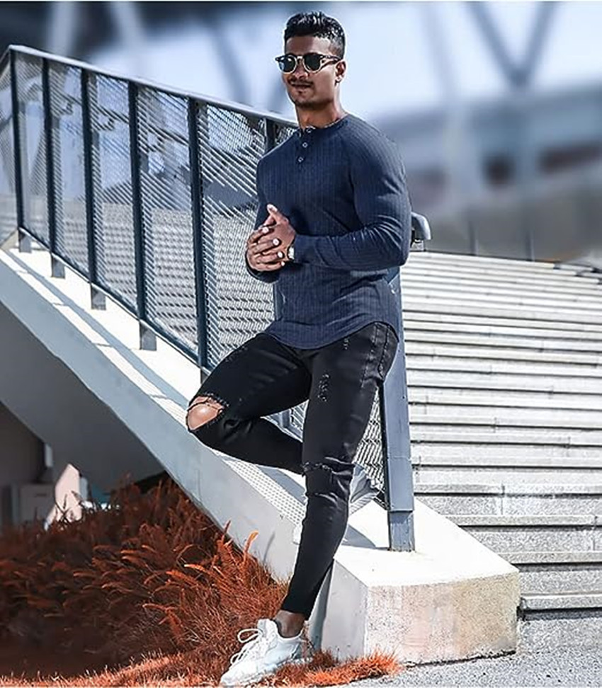 European Men's Sports Tees Slim Muscle Short Sleeve T-Shirt Fitness Elastic Thread Tight Solid Color Henry Shirt_voghion.com