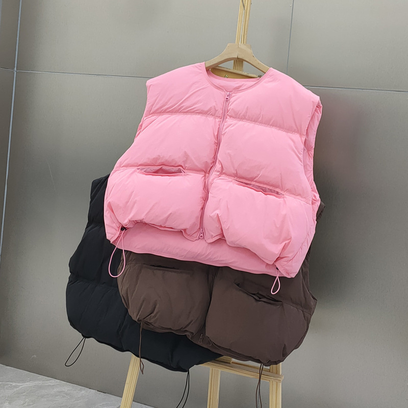 2025 Autumn/Winter New Women's down Vest Short Round Neck Thick Loose Vest White Duck down Jacket