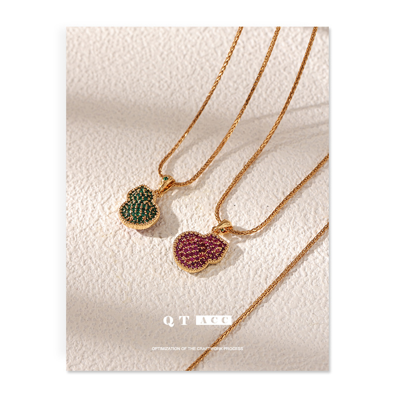 Nuevo estilo chino retro alta sensación de Año Nuevo joyería de doble cara zircon rosa verde collar de calabaza roja mujer