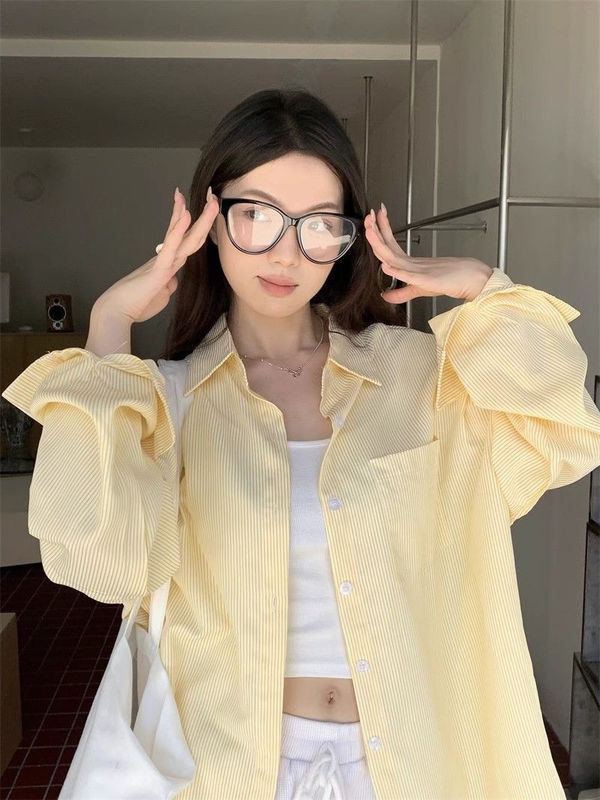 レトロ香港スタイルストライプシャツジャケット女性のための春と夏の長袖カジュアルドレープシャツデザイントップクロスボーダー卸売|undefined
