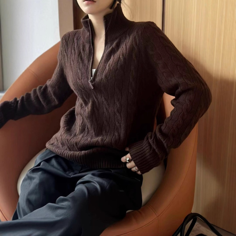 高品質/スキャン可能ラフ90ウール10カシミヤクラシックポニーウール半ジッパーセーターニット|undefined
