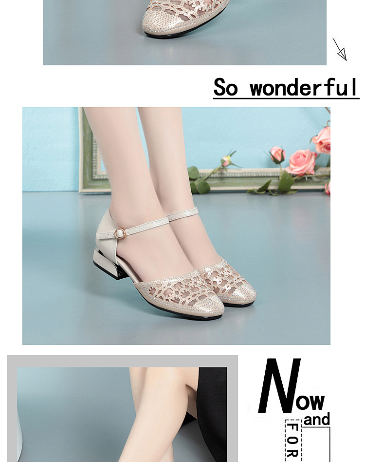 Sandal bít mũi nữ da thật lưới thoáng gót thấp — Màu be chi tiết 11