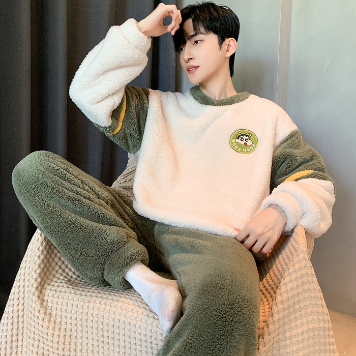 Pijamas de peluche de invierno para hombres guapo simple dibujos animados panda de peluche grueso ropa de casa de dos piezas