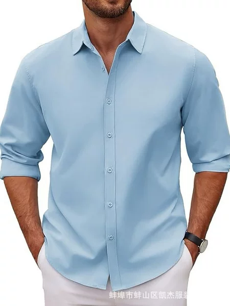 2025 Cross-Border European and American New Men's Shirts Men's Long-Sleeved Lapel Pure Color Shirts Casual Formal Shirts