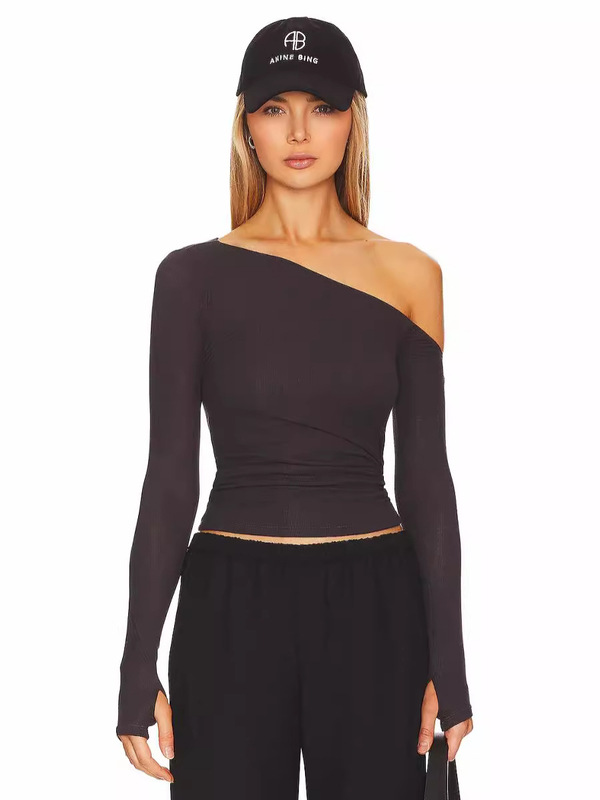Europe and the United States new oblique shoulder T-shirt shein new slim slim thumb hole long sleeve top hot autumn women's clothing