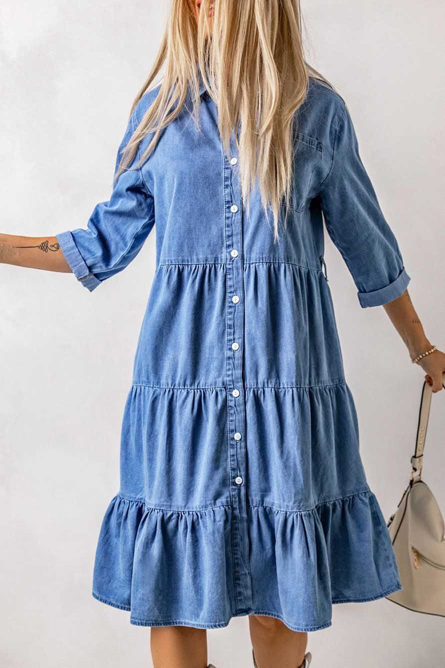 Casual Solid Color Turndown Nine Points Sleeve Cotton Polyester Midi Dress Denim Shirt Dress