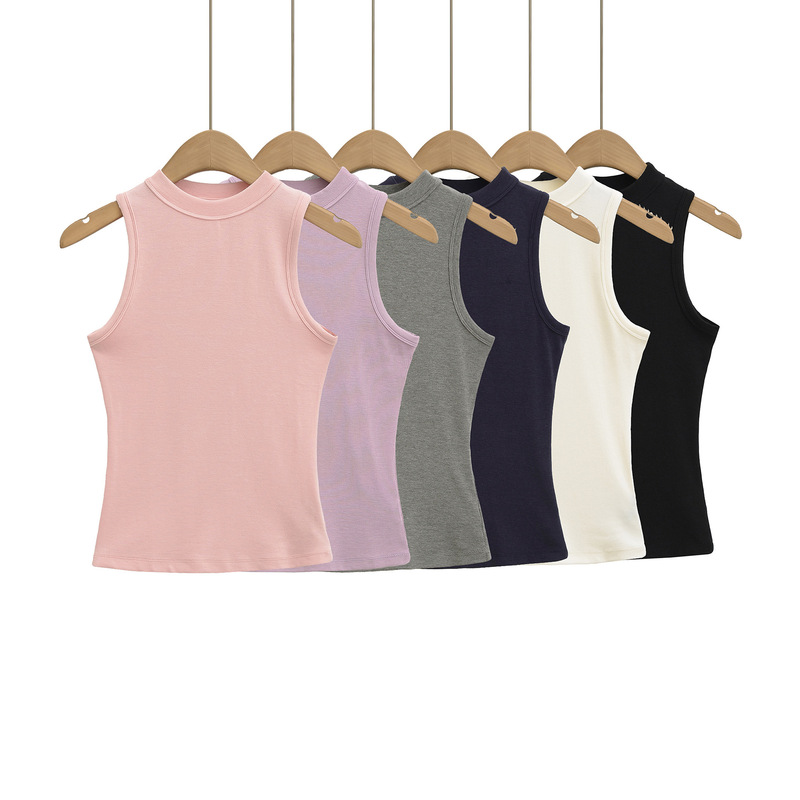 25074-25 New Summer Style European and American Style Basic Half Turtleneck Sleeveless Slim Stretch Bottoming Shirt Top Vest
