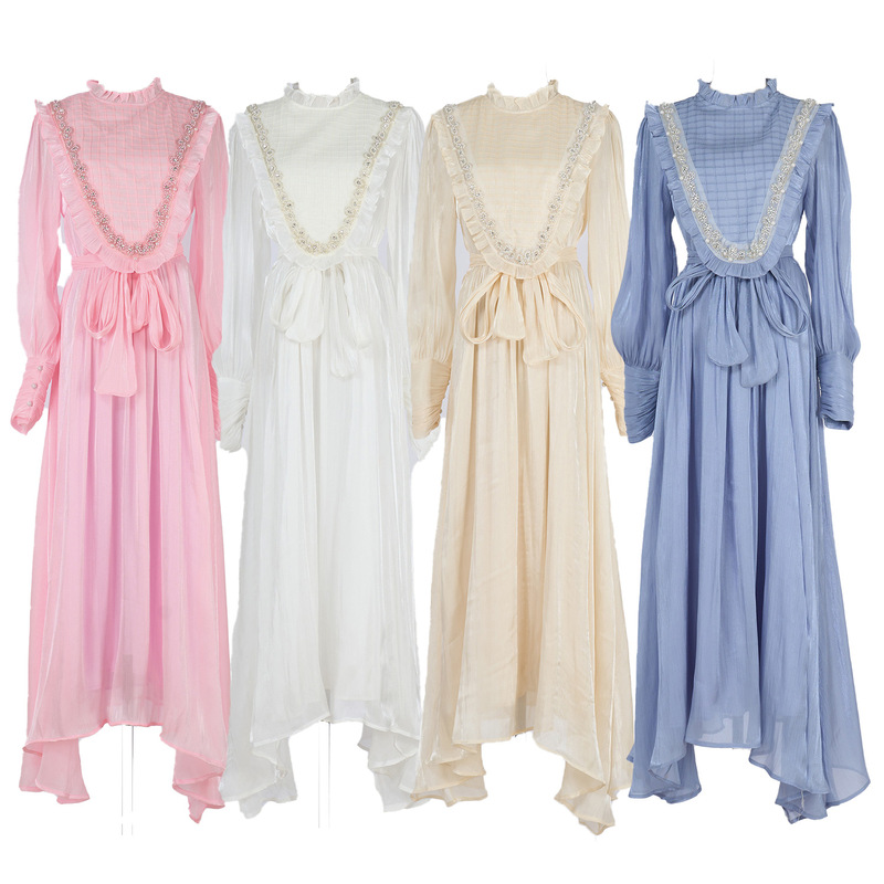 Cross-Border Foreign Trade Retro Lace Splicing Pure White Embroidered Long Skirt with Heavy Beaded Stand Collar and Lantern Sleeves Dress