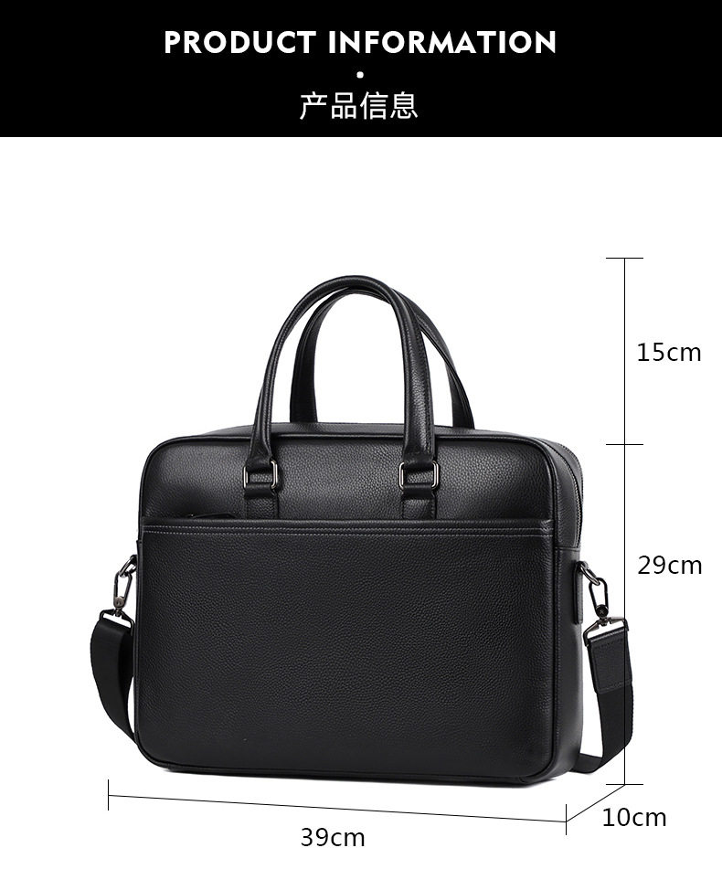 Túi xách tay nam da bò thật 39×10×29 cm có hai ngăn khóa kéo, đeo chéo một vai — Màu đen chi tiết 9