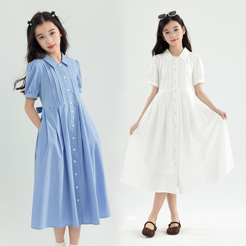 French polo collar shirt dress for girls, summer style, fitted waist, pleated, Mori girl style, long dress for medium and large children, parent-child style.