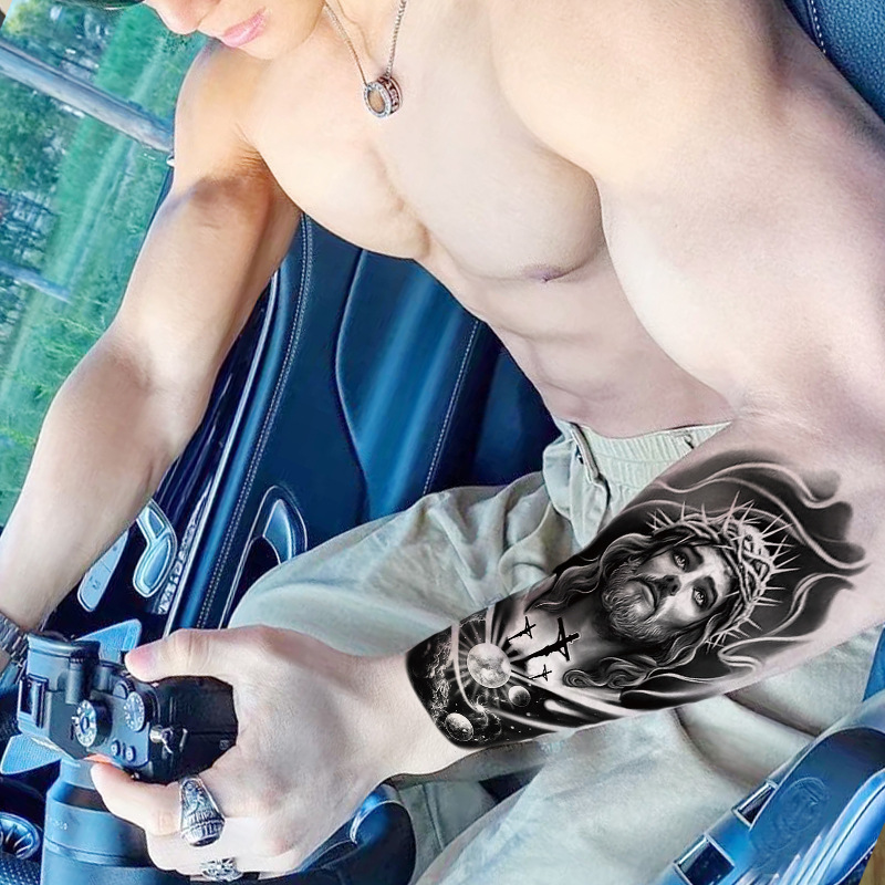 Yuanhua fábrica de pegatinas de tatuaje a prueba de agua en stock al por mayor cabeza de Lobo tótem texto árabe tatuaje pegatinas suministro transfronterizo