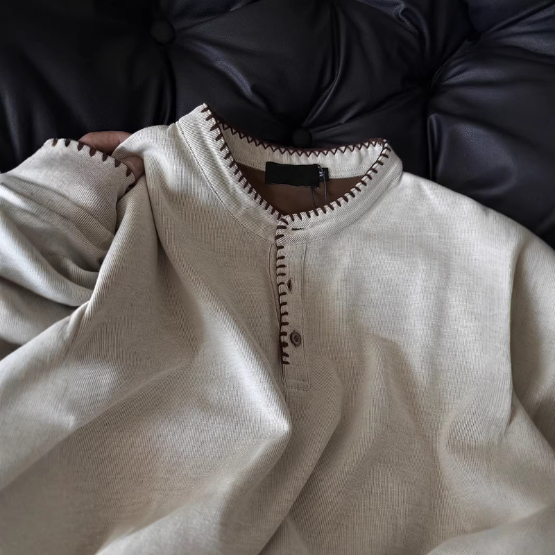 Old Money Style Hand-Sewn Knit Henley Collar Long-Sleeve T-Shirt, Winter Lazy Sweatshirt, American Retro Inner Layer Base Shirt Old Money Style Hand-Sewn Knit Henley Collar Long-Sleeve T-Shirt, Winter Lazy Sweatshirt, American Retro Inner Layer Base Shirt