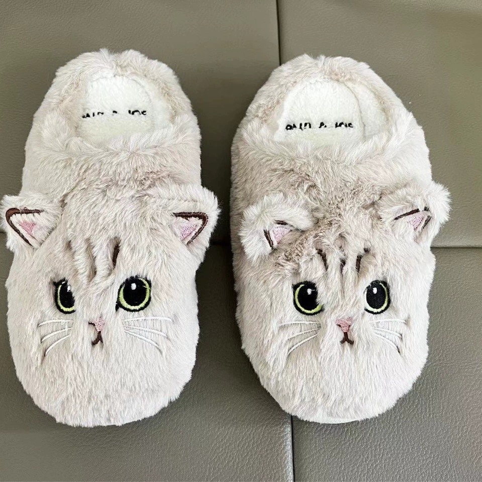 Новые осенне-зимние хлопковые тапочки для мужчин и женщин, пара, мультяшный котенок, домашние меховые плюшевые тапочки, теплые домашние Тапочки