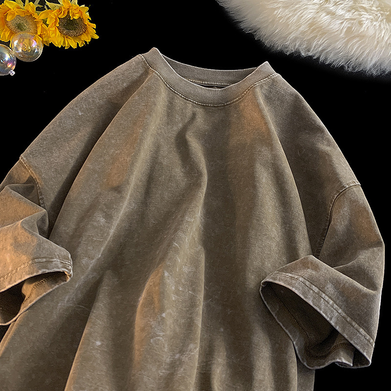 Nueva tendencia de algodón puro batik retro suelto de manga corta salteado de color lavado viejo camiseta pareja masculina dopamina top