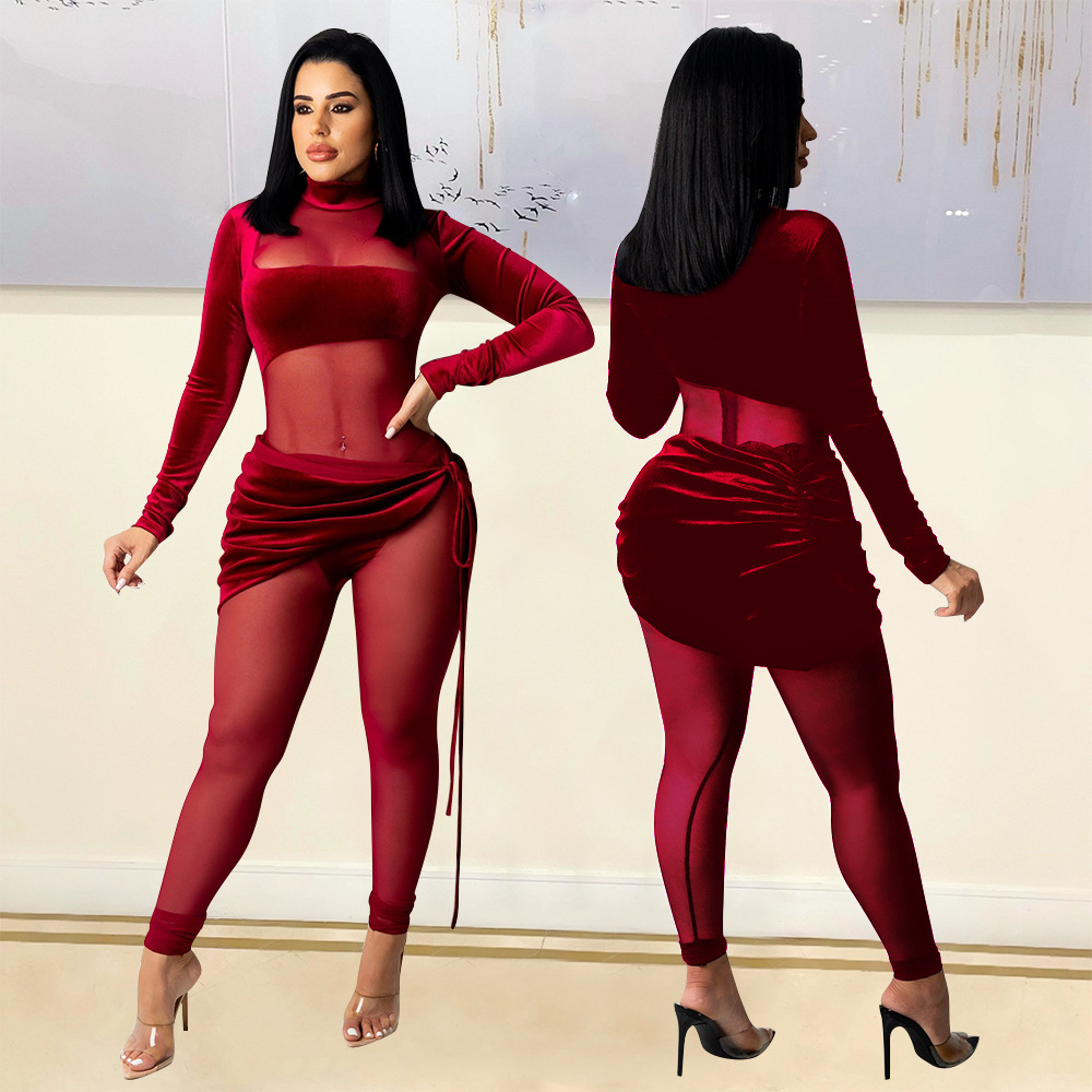 Women's fashion sexy mesh velvet splicing solid color jumpsuit_voghion.com