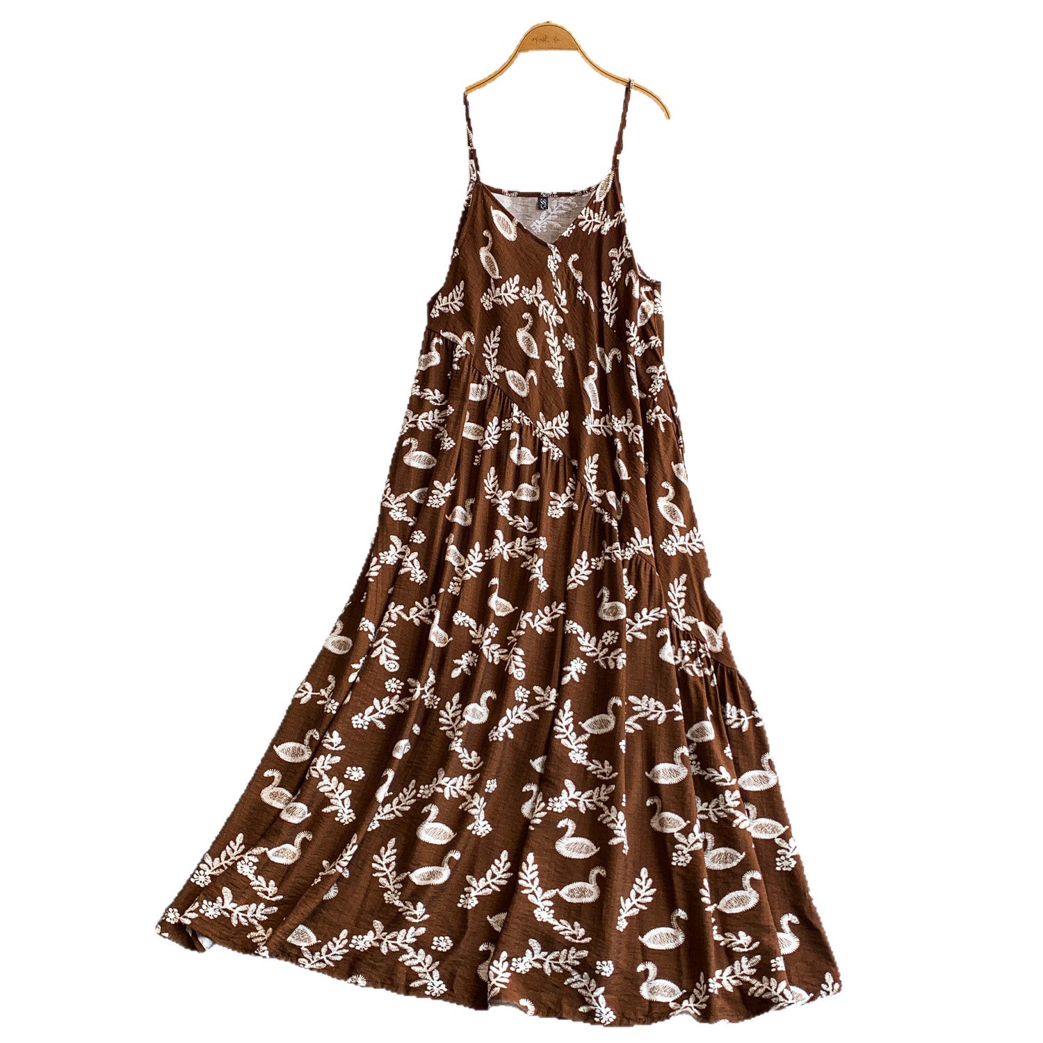Women's Retro Print V-Neck Dress with Pockets Loose A-Line Skirt Casual Chinese Style Suspender Dress 2026 New Fashion_ecoleips.com
