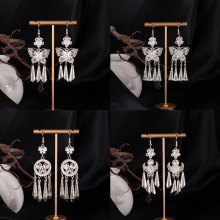复古仿苗银民族风蝴蝶耳环高级感波西米亚风花朵耳坠长款流苏耳饰