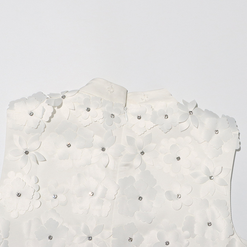 Socialite Graceful Stand Collar Loose Short Dress Beaded Three Dimensional Floral Sleeveless Dress Women