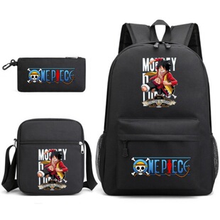 One Piece Luffy Schoolbag Backpack Foreign Trade Shoulder Backpack Pencil Case Three-piece Canvas Bag Large Capacity Casual Bag