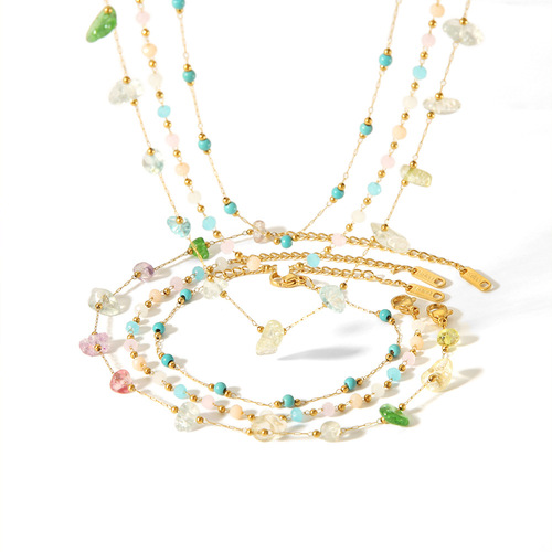 European and American Internet celebrity new color natural stone necklace 18K gold stainless steel irregular raw stone necklace jewelry