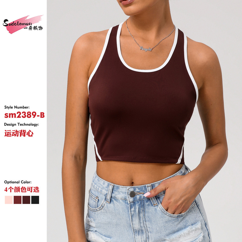 Foreign Trade Tight Naked Sense Contrast Sports Underwear Women's I-Back Yoga Vest with Chest Pad Outer Wear Fitness Top