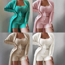 2022新款跨境女装毛绒三件套系带睡衣套装休闲套装家居服一件代发